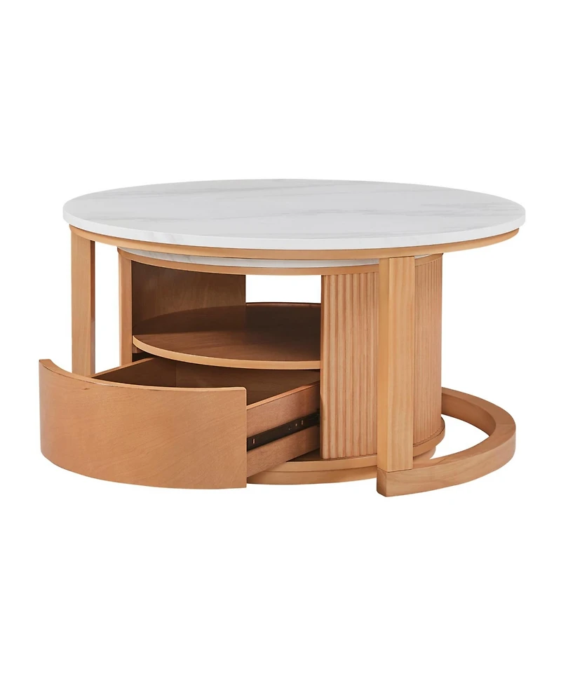Streamdale Furniture Round Marble Top Nesting Coffee Table, 2-Tier Storage, Drawer, Natural, 28.5"