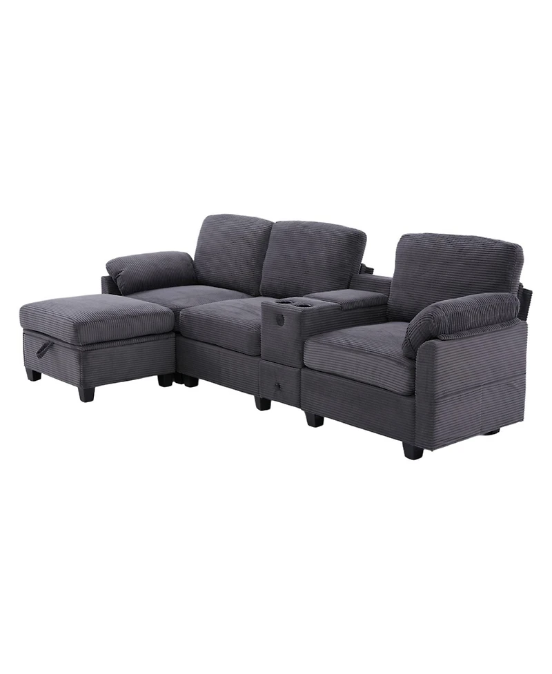 Streamdale Furniture L-Shape Corduroy Sofa- 4-Seater, Usb, Storage