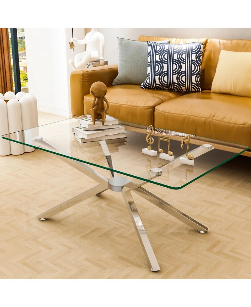 Streamdale 39" Clear Glass Coffee Table, Silver Metal Legs
