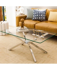 Streamdale 39" Clear Glass Coffee Table, Silver Metal Legs