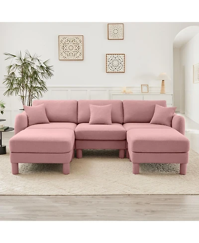 Streamdale Furniture Pink Boucle U-Shape Sectional Sofa with Shell Armrests & Ottomans