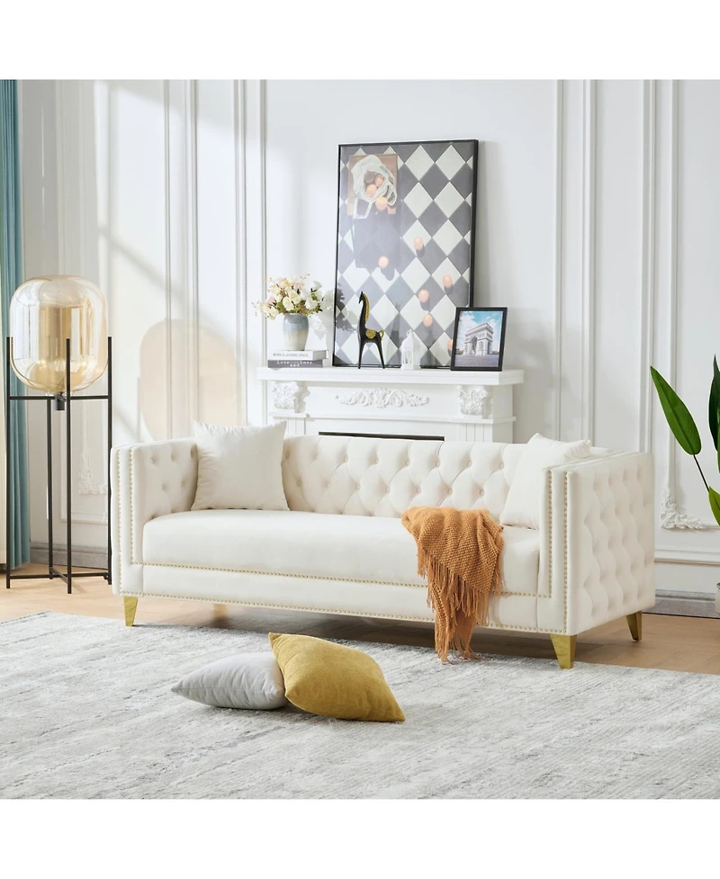 Streamdale Chesterfield Velvet Sofa, 3+2 Seater, Button Nailhead, Beige