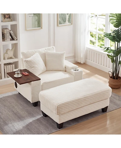 Streamdale Furniture Corduroy Sofa Bed with Ottoman, Bluetooth, Usb, Rotating Table