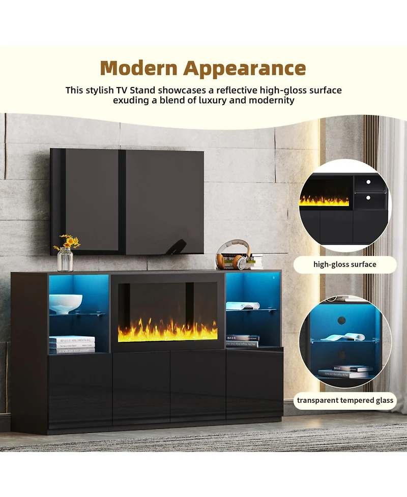 Streamdale Furniture Modern Tv Stand with Electric Fireplace & Led Light