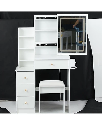 Streamdale Furniture Streamdale Multifunctional Bedside Vanity Table with - Led Mirror - Power Station - Hair Dryer Bracket - Cushioned Stool