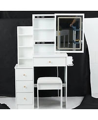 Streamdale Furniture Streamdale Multifunctional Bedside Vanity Table with - Led Mirror - Power Station - Hair Dryer Bracket - Cushioned Stool