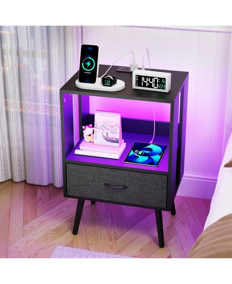 Streamdale Furniture Nightstand with Charging Led & Fabric Drawers
