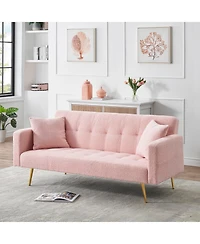 Streamdale Furniture 71.7 - inch Pink Teddy Fleece Sofa Bed with Two Complimentary Throw Pillows