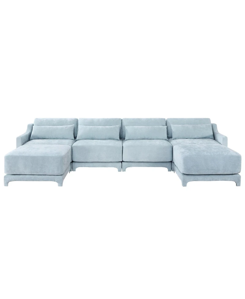Streamdale Furniture Sky Blue Chenille 4-Seater Sofa with Ottoman