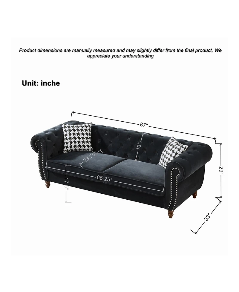 Streamdale Furniture 87" Chesterfield Velvet Sofa, Roll Arm, Nailhead Trim, 3 Seater