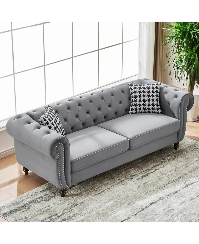 Streamdale Furniture Chesterfield Velvet Sofa Set, Roll Arm, Nailhead Trim, Mid-Century Modern, Gray
