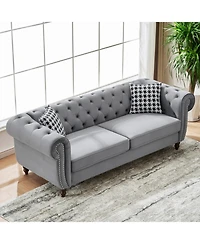 Streamdale Furniture Chesterfield Velvet Sofa Set, Roll Arm, Nailhead Trim, Mid-Century Modern, Gray