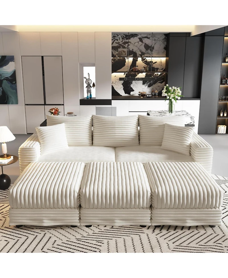 Streamdale Furniture Plush Corduroy 3-Seat Sofa w/ Ottomans - Modern Comfy Cloud Couch