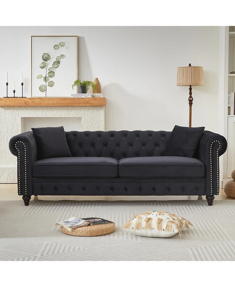 Streamdale Furniture Velvet Chesterfield Sofa 85.5" Rolled Arms 3 Seater Button Design + 2 Cushions