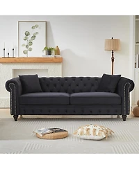 Streamdale Furniture Velvet Chesterfield Sofa 85.5" Rolled Arms 3 Seater Button Design + 2 Cushions