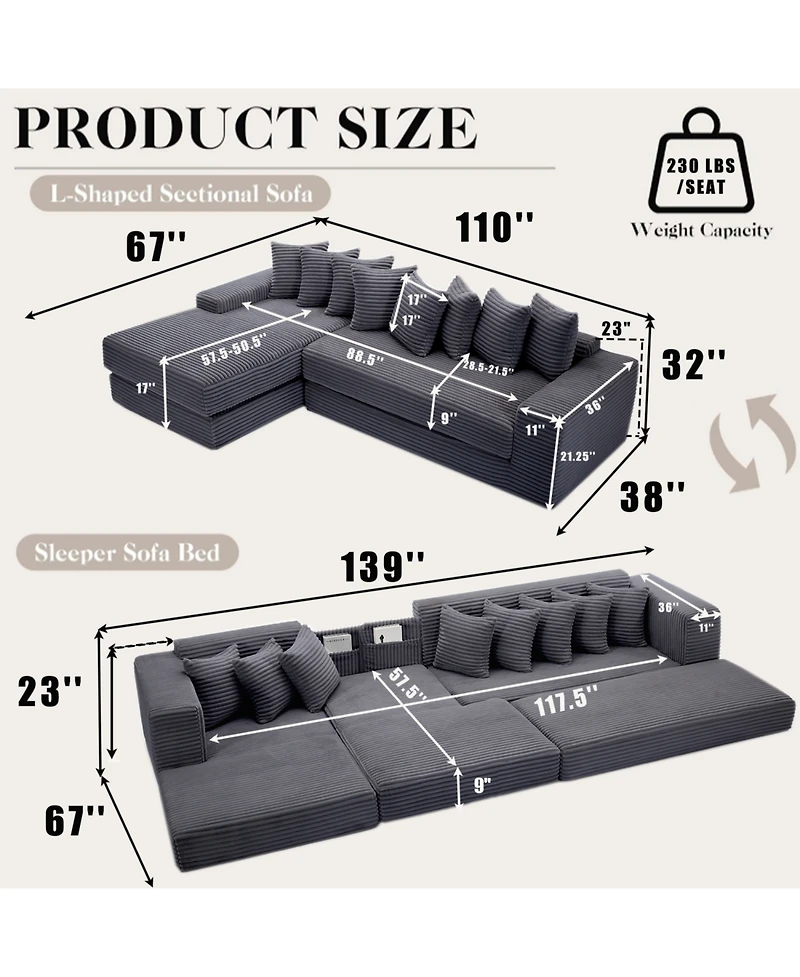 Streamdale Furniture Oversize Cloud Couch L-Shape Sleeper Sofa Bed, 8 Pillows, Corduroy