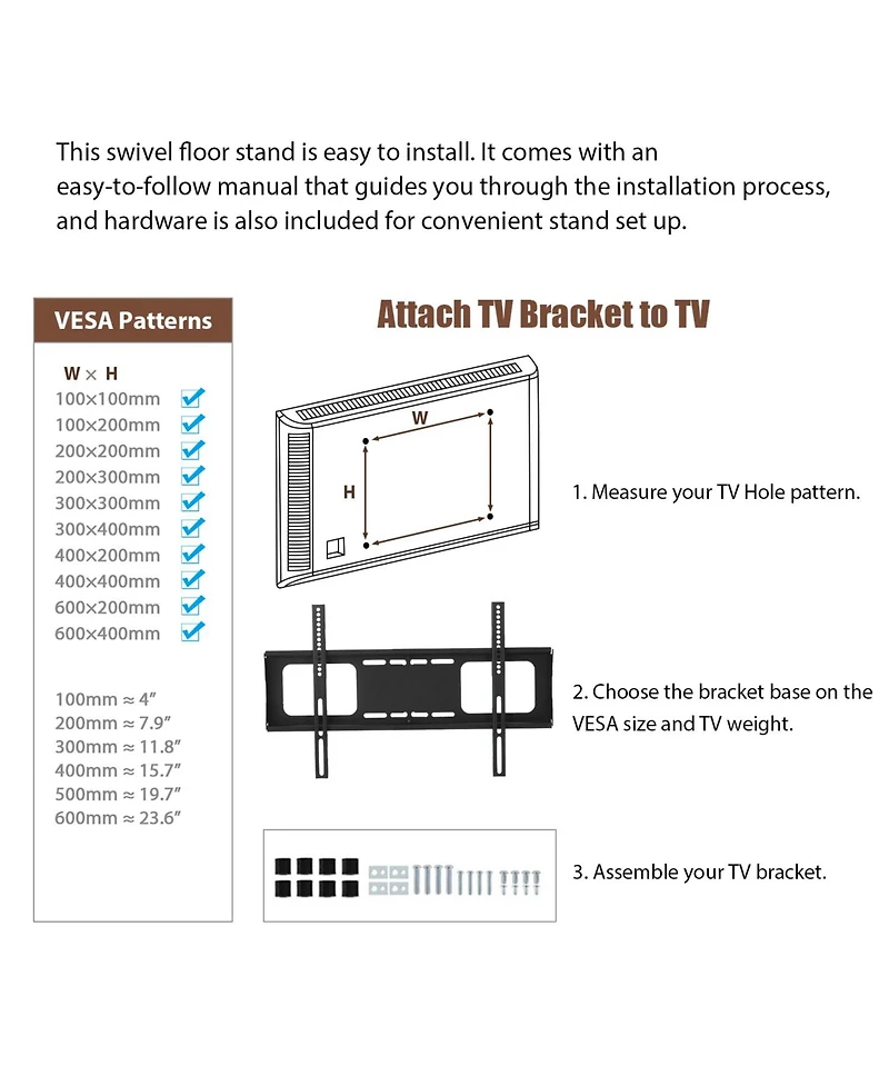 Streamdale Furniture Wooden Tv Stand with Mount, Swivel, Adjustable, Rustic Brown