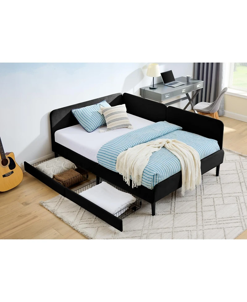 Streamdale Furniture Upholstered Platform Bed Frame w/ 2 Drawers, Adjustable Velvet, Black