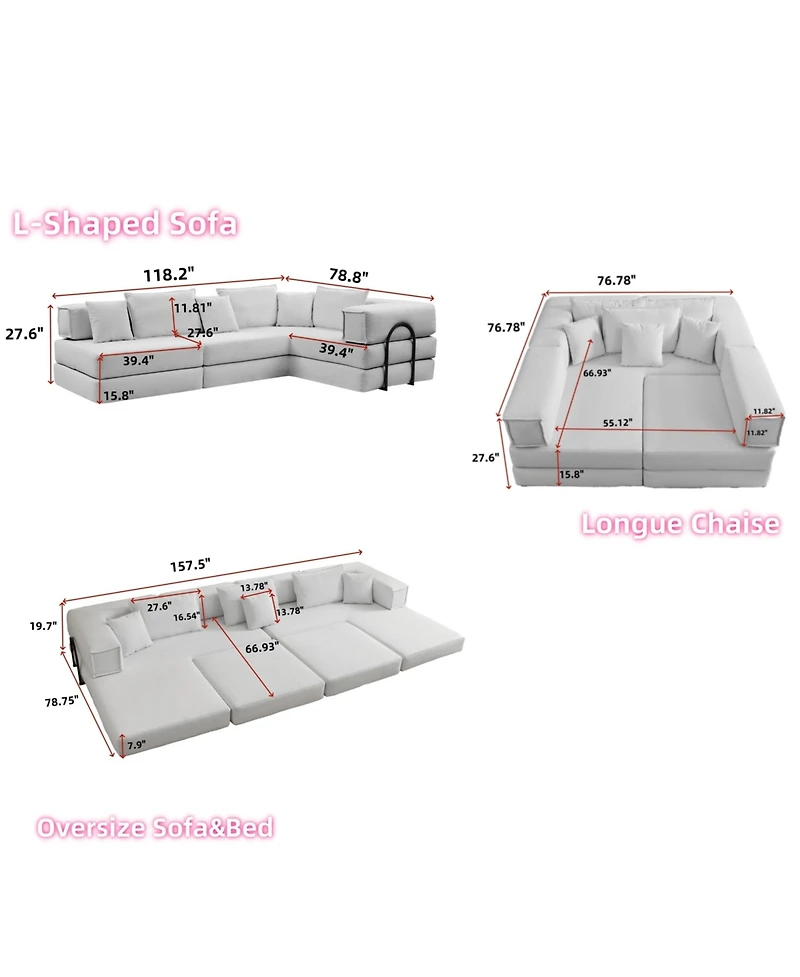 Streamdale Oversized Modular Sectional Sofa Couch Set with 6 Pillows - White