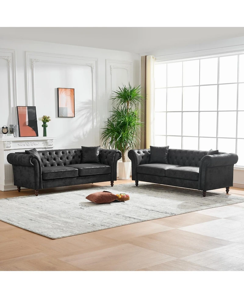 Streamdale Chesterfield Tech Fabric 3+3 Seater Sofa Set - Black