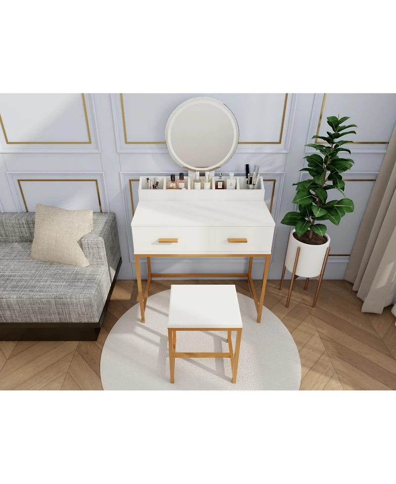 Streamdale Furniture Streamdale White & Gold Vanity Set with Mirror, Stool, Drawers & Organizer