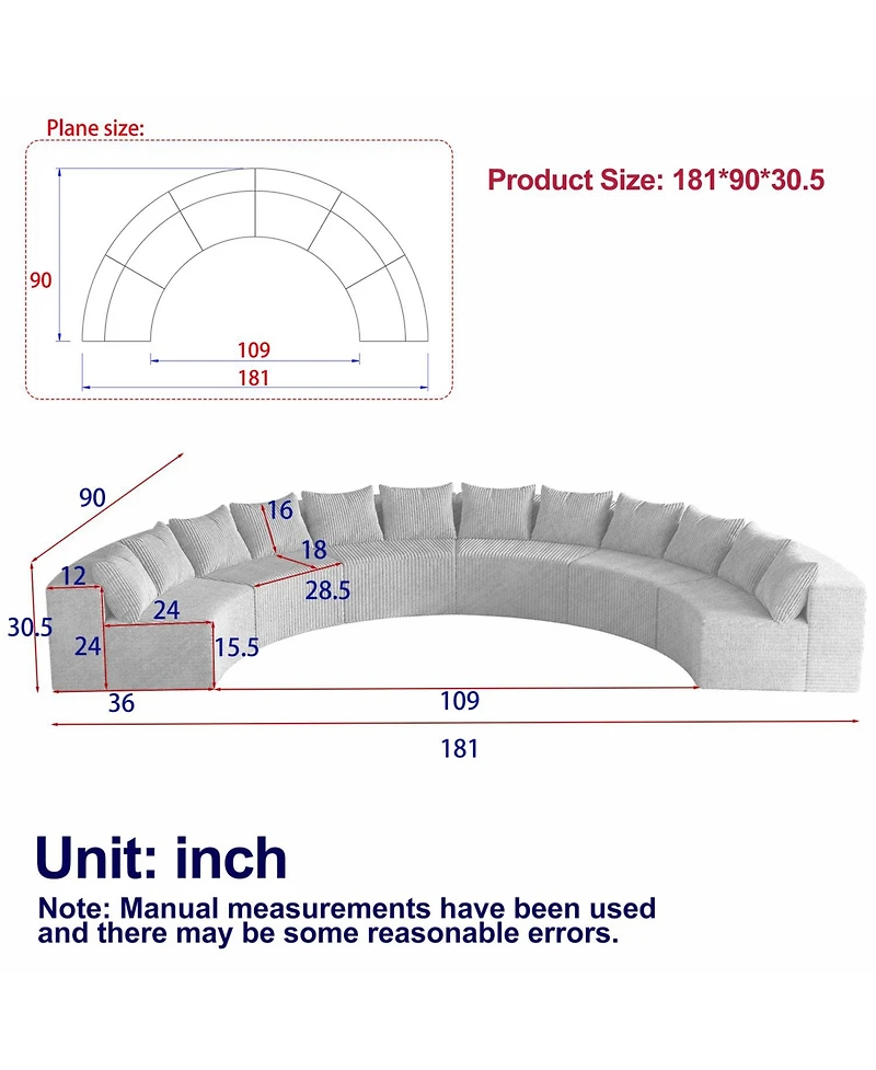 Streamdale Furniture Corduroy Curved Sectional Sofa with 12 Pillows (6 Modules