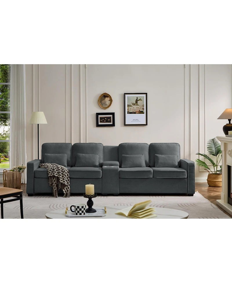 Streamdale 114" Sofa w/ Console, Cupholders, Usb Ports, Pillows - Dark Gray