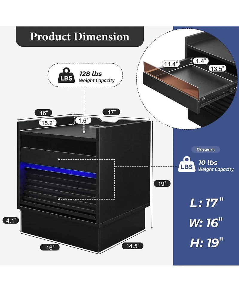 Streamdale Furniture Mid Century Nightstand with Charging & Led, 2 Drawers, Bedside/End Table, Black