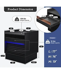 Streamdale Furniture Mid Century Nightstand with Charging & Led, 2 Drawers, Bedside/End Table, Black