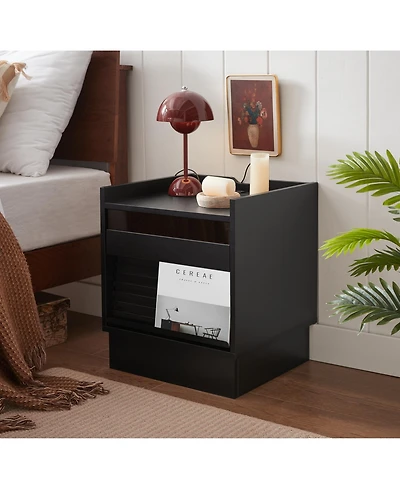 Streamdale Furniture Mid Century Nightstand with Charging & Led, 2 Drawers, Bedside/End Table, Black