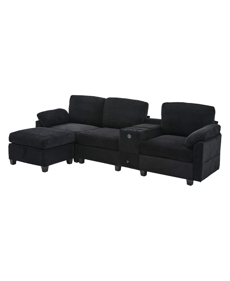 Streamdale Furniture L-Shape Corduroy Sofa- 4-Seater, Usb, Storage