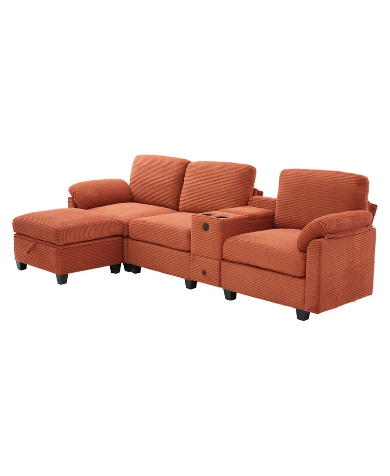 Streamdale Furniture L-Shape Corduroy Sofa- 4-Seater, Usb, Storage, Console & Ottoman