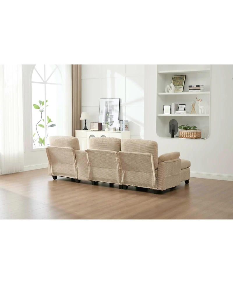Streamdale Furniture L-Shape Corduroy Sofa- 4-Seater, Usb, Storage, Console & Ottoman