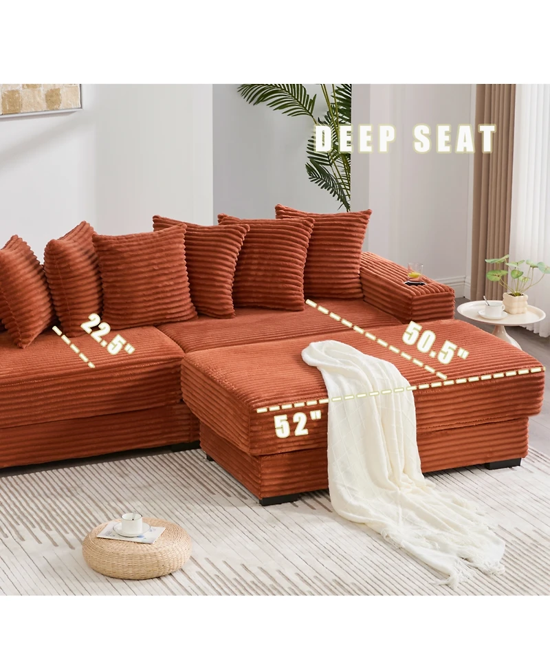 Streamdale Furniture Corduroy L-Shaped Sectional Sofa Bed w/ Footstool, Pillows & Cup Holders