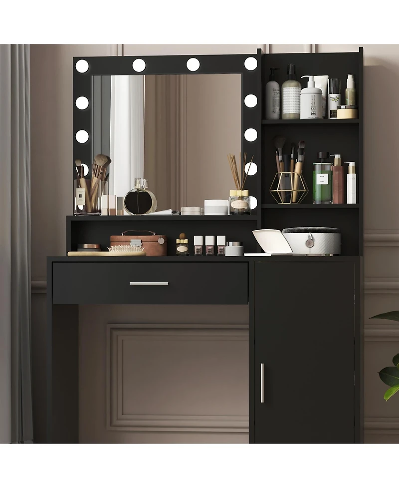 Streamdale Furniture Vanity Desk with Lighted Mirror, Drawer & 3-Tier Storage, Adjustable Brightness