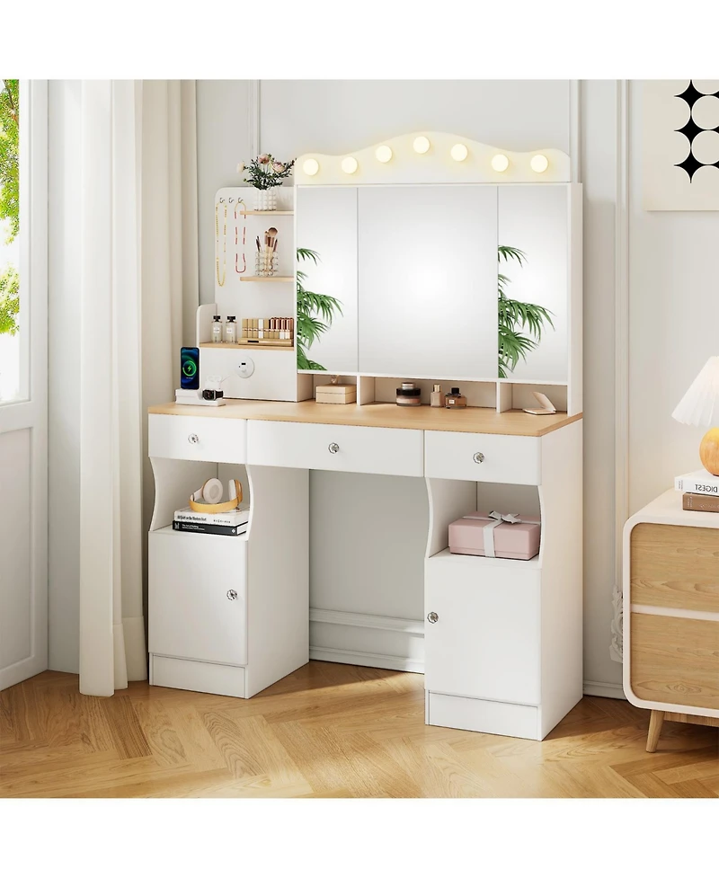 Streamdale Furniture Vanity Desk with Lighted Mirror, Usb Power, Drawers & Cabinets (White)