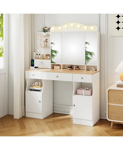 Streamdale Furniture Vanity Desk with Lighted Mirror, Usb Power, Drawers & Cabinets (White)