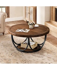 Tribesigns Round Coffee Table with 2 Tiers, 33.5" Wooden Circle Accent Cocktail Table, Industrial Center Tables
