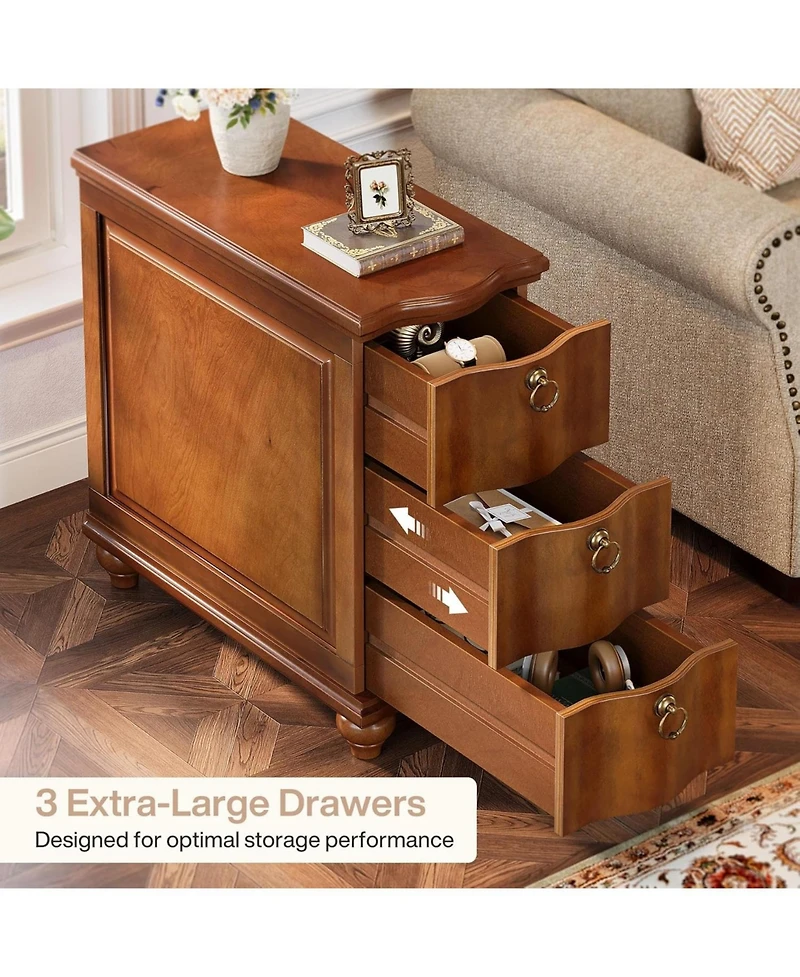 Tribesigns Wood Fully Assembled End Table Set of 2, 3-Drawers Narrow Slim Side Table, No Assembly Required, Nightstand