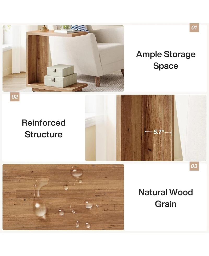 Tribesigns C-Shaped Side Table, 2-Tier Narrow End Wood Bedside Table Nightstand for Bedroom, Industrial Sofa Living Room, Brown