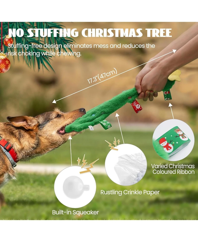 Nocciola 4 Pack Tag & Tug Christmas Dog Toys, No Stuffing Santa, Ginger Man, Christmas Tree & Stuffed Snowflake Tough Dog Toys