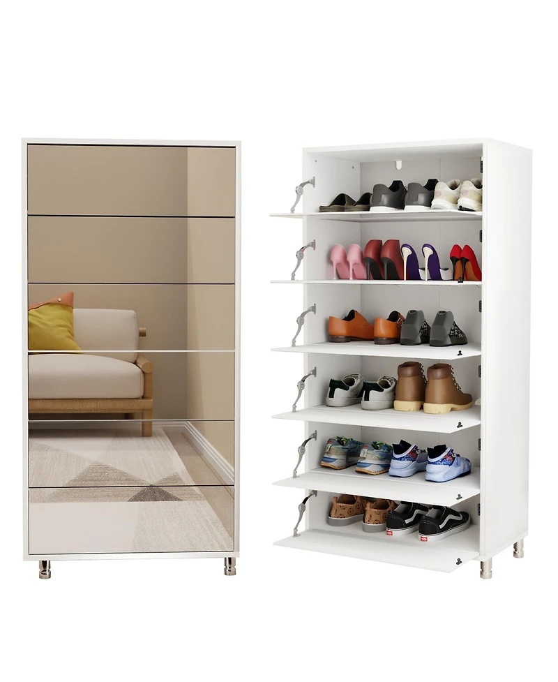 Clihome Mirror Shoe Cabinet With 6 Flip Drawers, Mirror Shoe Rack Organizer Store Ample Shoes, Mirror Shoe Storage With 4 Metal Legs,White