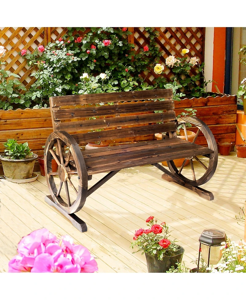 Outsunny Wooden Wagon Wheel Bench, 2-Person W/ Slatted Seat,