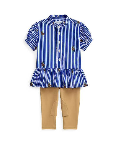 Polo Ralph Lauren Baby Girls' Striped Stand Collar Shirt and Leggings, 2-Piece Set