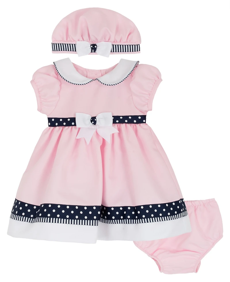 Rare Editions Baby Girls' Polka Dot Nautical Round Neck Dress, Panty and Hat, 3-Piece Set