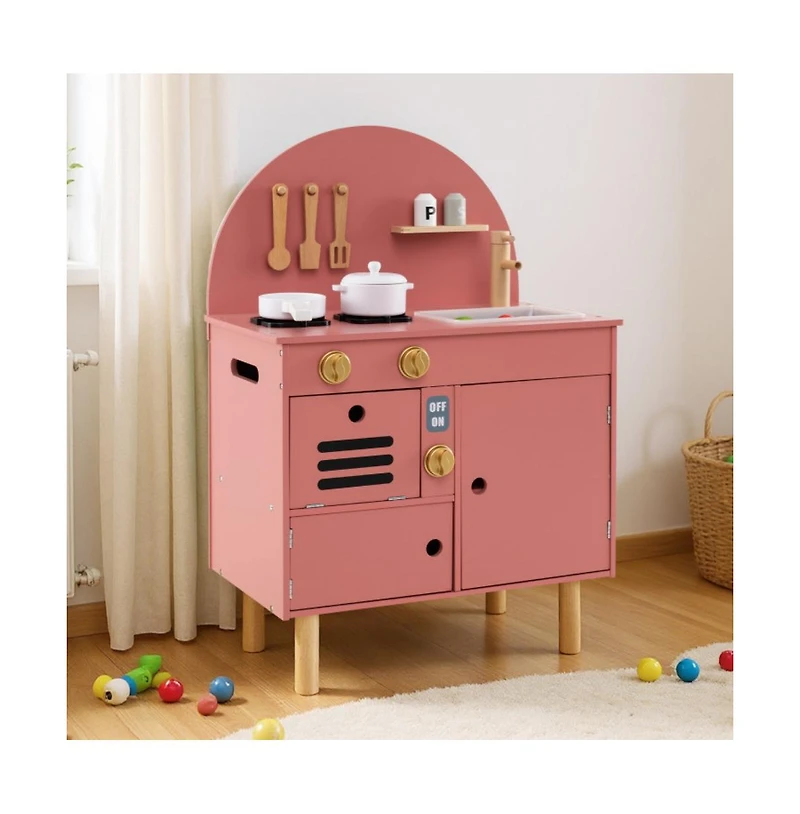 Hongge Wooden Kids Play Kitchen Set with Interactive Cooking Areas and Storage Shelves