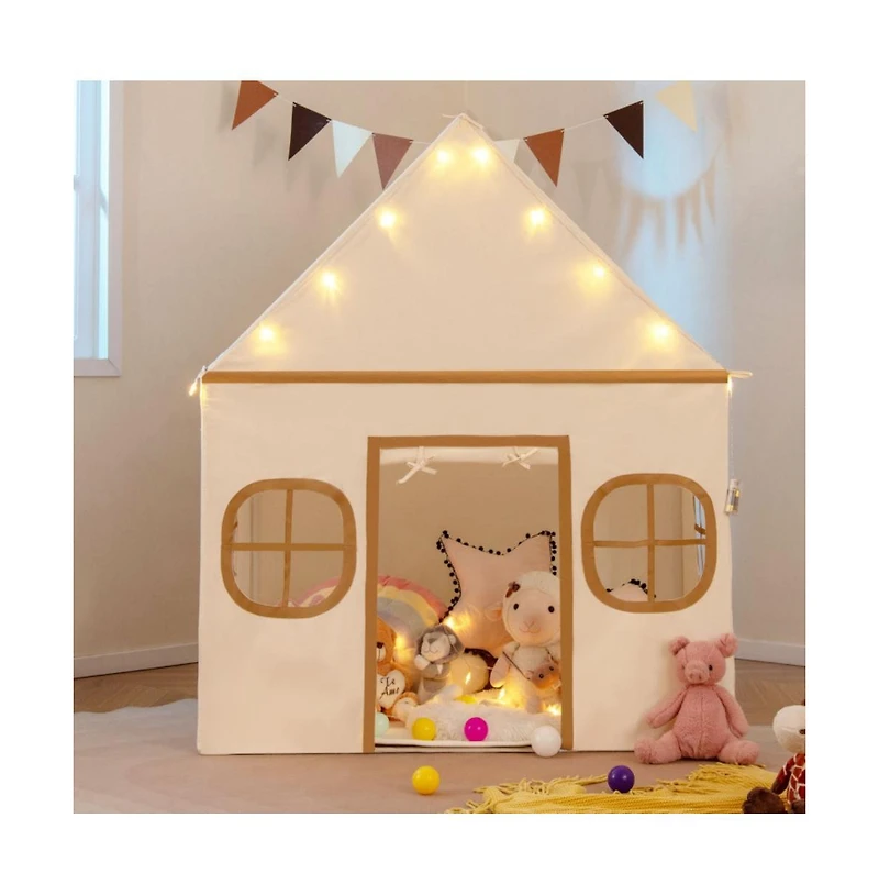 Kids Indoor Play Tent with Windows Star Lights Mat and Storage Pockets