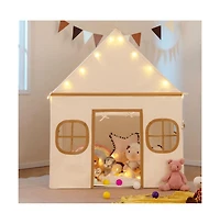 Kids Indoor Play Tent with Windows Star Lights Mat and Storage Pockets
