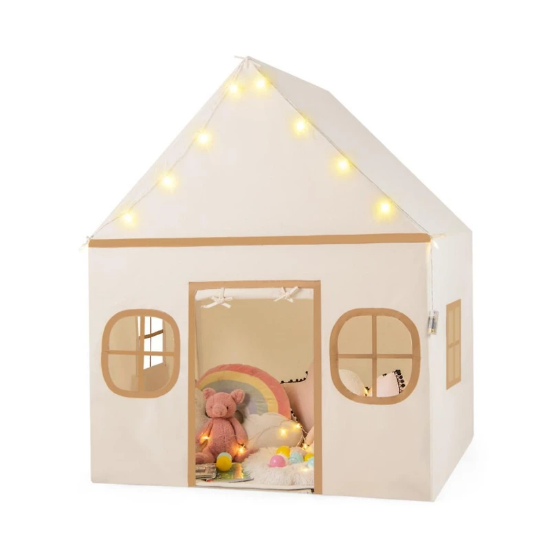 Kids Indoor Play Tent with Windows Star Lights Mat and Storage Pockets