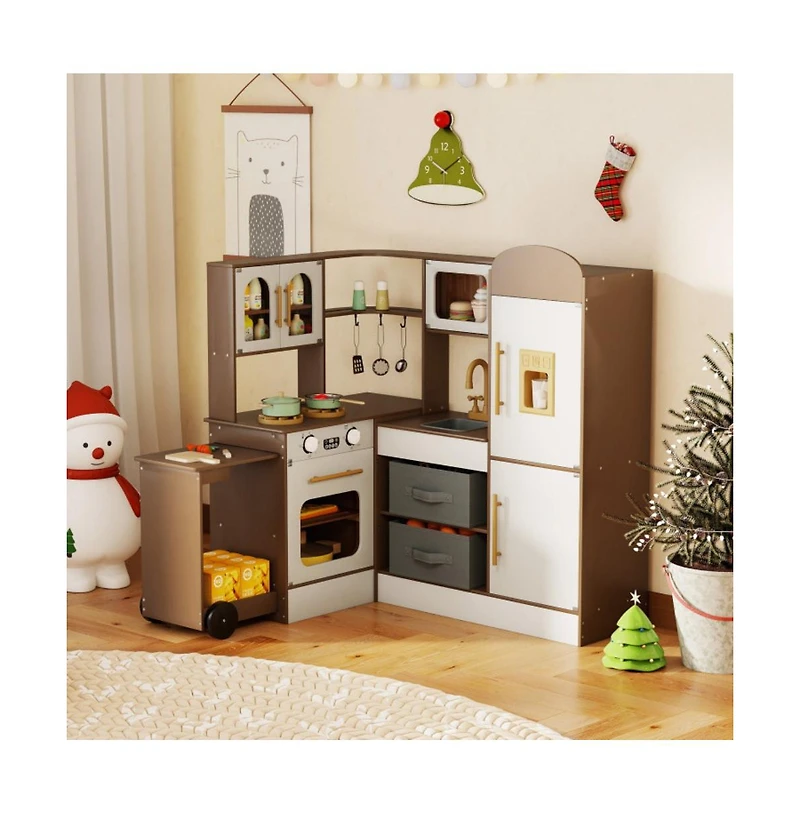 Hongge Kids Corner Wooden Play Kitchen with Lights Sounds Retractable Countertop and Storage